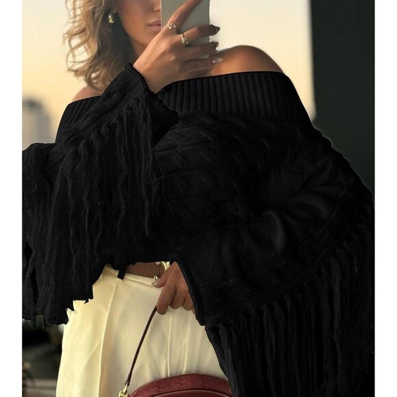 Women’s Black Unybwonn Off Shoulder Tassel Knit Cropped Y2K Sweater - Picture 5 of 6